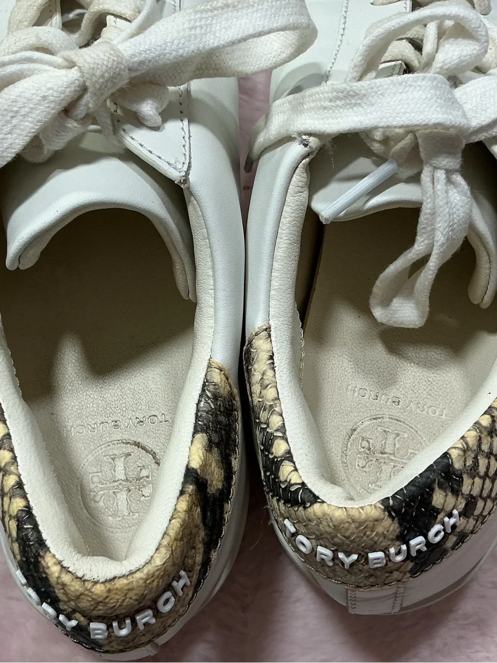 Tory Burch White Leather Sneakers with Black Logo and Snakeskin Trim 159